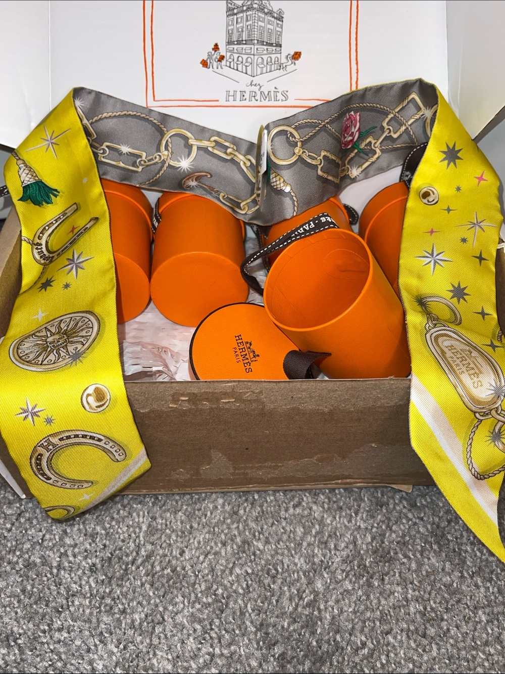 Hermés C’est La Fete Yellow & Grey Silk Twilly Scarf with Roses